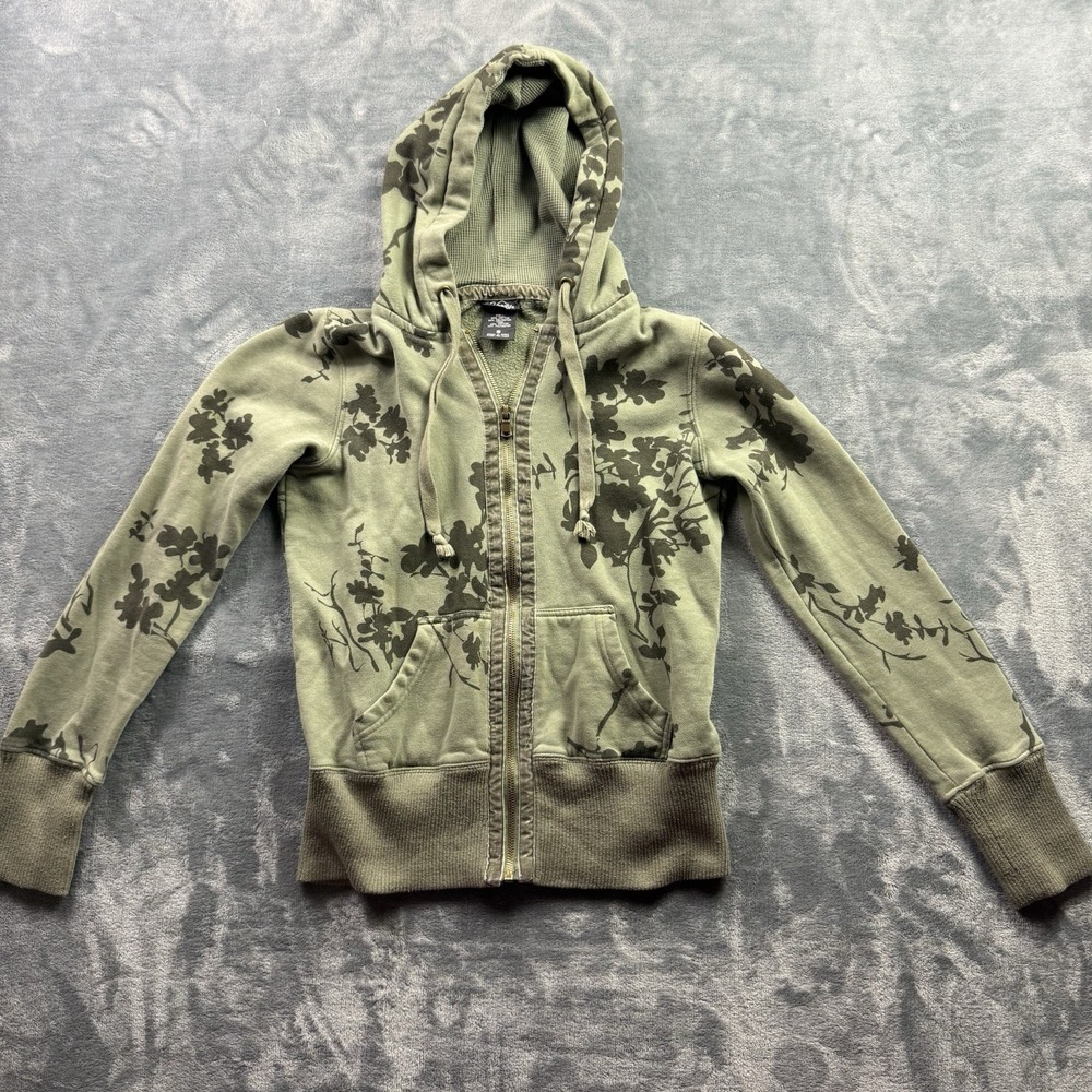 Vanity Floral Zip Hoodie Women's Small Sage Green Black Print Y2K